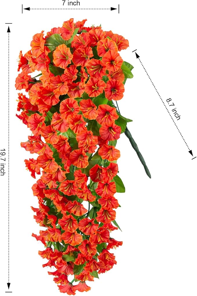 HyeFlora Artificial Fake Hanging Flowers Plants for Outdoor Outside, 2PCS Faux Silk Orange Morning Glory Trailing Vines UV Resistant Look Real for Home Planter Porch Patio