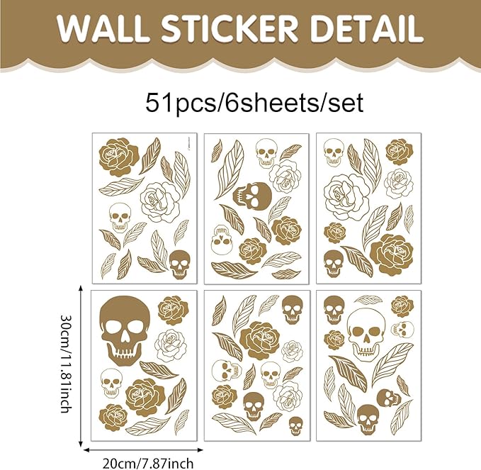 Skull and Rose Halloween Wall Decals,Floral Wall Stickers,Removable Skull Halloween Wall Stickers,Gothic Wall Decals,Suitable for Bedrooms,Living Rooms,Party Scenes,Kindergartens