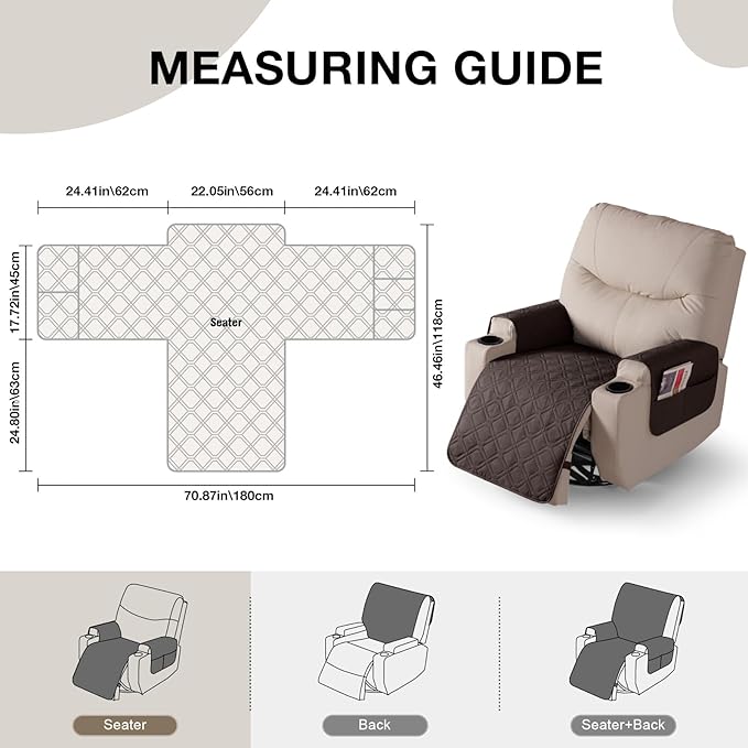 VANSOFY Recliner Chair Covers 100% Waterproof Seat Cover with Arm Reclining Cover Non-Slip Recliner Chair Covers Furniture Protector Washable Slipcover with Pocket for Pets, Dogs(Chocolate, 22")