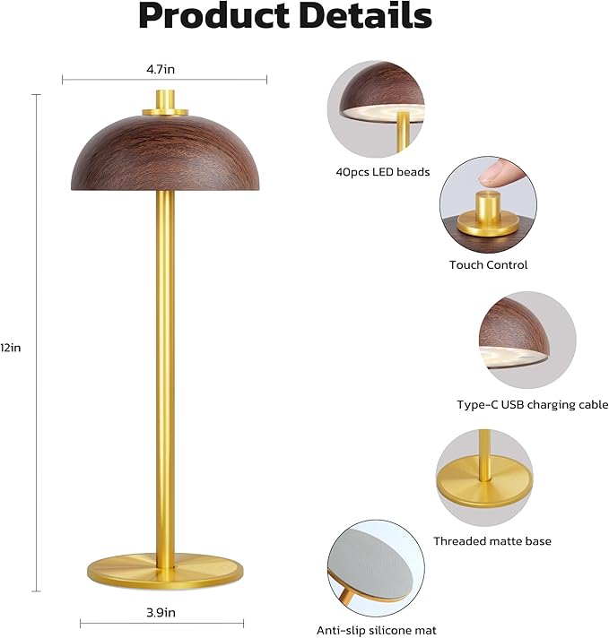 Rechargeable Cordless Table Lamp - 5000mAh Battery Powered Lamp, 3 Color Modes Stepless Dimming LED Table Light with Memory Function for Indoor, Outdoor, Dinner, Patio, Cafe.(Wood Grain)
