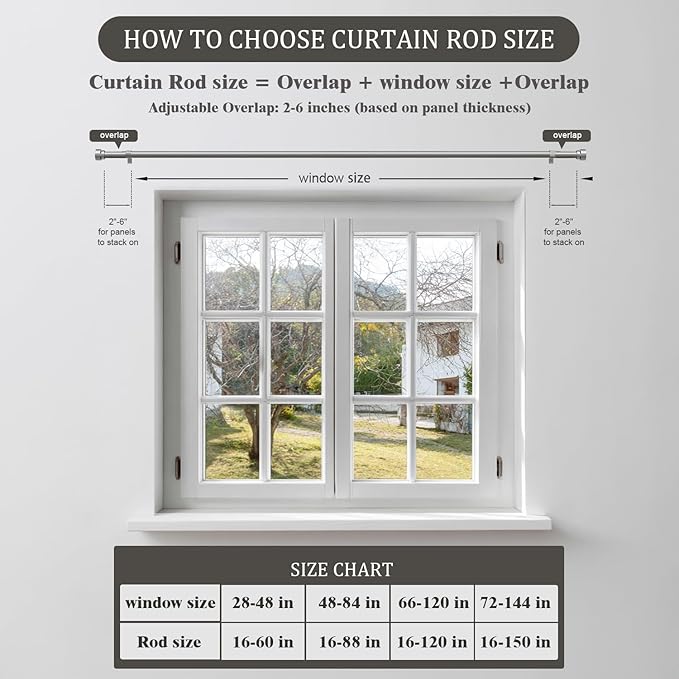 Oneach Silver Curtain Rods for Windows 48 to 84 Inch, 1 Inch Pole Adjustable Length Heavy Duty Metal Curtain Rod Set, for Outdoor Bedroom Kitchen Living Room (16 to 88 Inch)