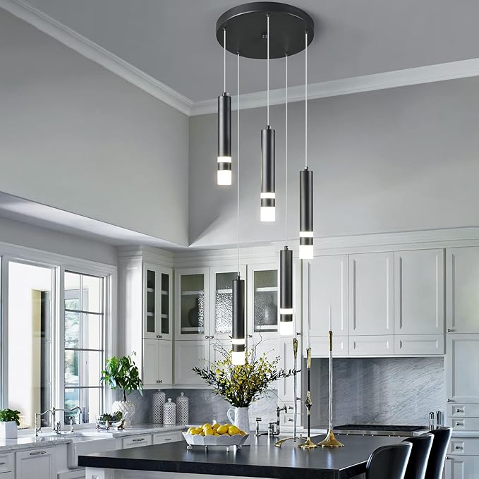 5-Light Modern Pendant Light Kitchen Island Light Fixture Dimmable LED Black Mini Pendant Lights Dinning Room Kitchen Chrome Pendant Lighting