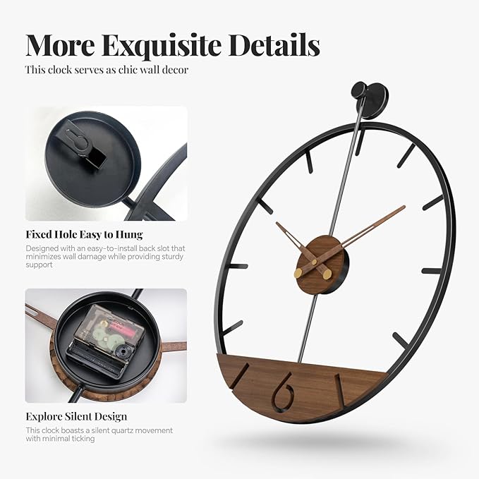 Cuspin 16 Inch Wall Clock with Walnut Wood Dial, Modern Decorative Clock Silent Non-Ticking Battery Operated Metal Frame for Living Room, Kitchen, Office, or Bedroom Wall Decor, Black and Brown