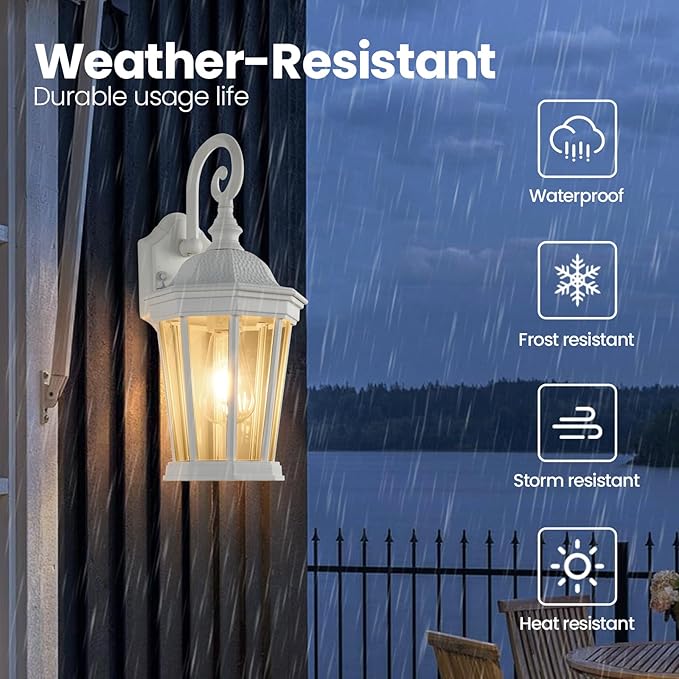 Outdoor Wall Lantern, Waterproof Exterior Wall Light Fixtures, Outdoor Porch Light Fixtures Wall Mount in White Finish with Clear Glass, Aluminum Alloy, 60W