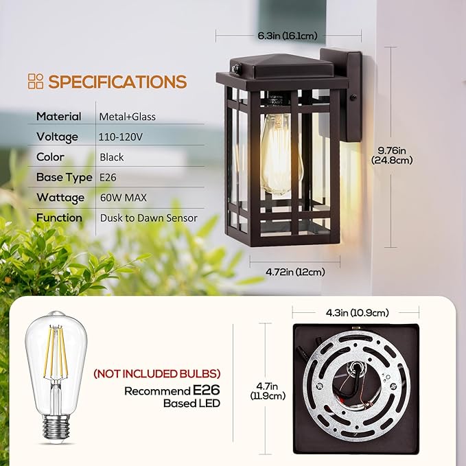9.76'' Dusk to Dawn Outdoor Wall Light 2 Packs, Exterior Fixture Mount for House Front Porch, Anti-Rust Modern Lantern with Tempered Glass Shade for Garage, Brown
