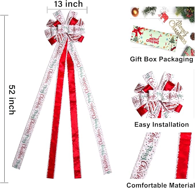 Christmas Tree Topper Bow Christmas Wreath Bow 52x13 Inches Large Burlap with White Red Polyester Edge Gift Bow for Xmas Tree Décor Christmas Home Indoor Outdoor Decoration