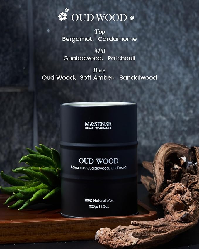 M&SENSE Oud Wood Scented Candles Christmas Decor, Natural Soy Wax Hoilday Candle, 11.3oz 70 Hours Christmas Candles, Winter Candle Gifts for Men Women,Sandwood Scented Candle for Home
