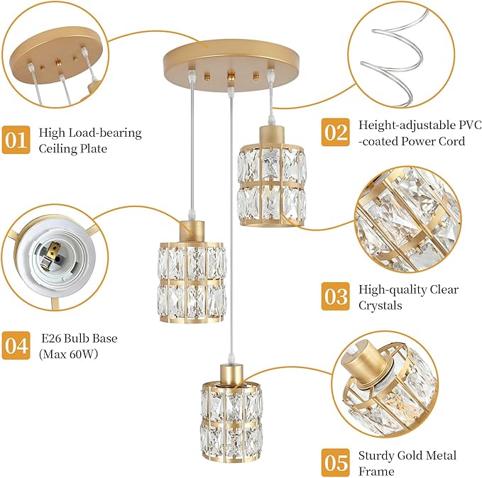 Modern Gold Crystal Pendant Light Fixture - 3-Light Adjustable Hanging Lamp for Kitchen Island, Dining Room, Living Room & Bedroom | Dimmable, Quick Install Farmhouse & Industrial Pendant Lighting