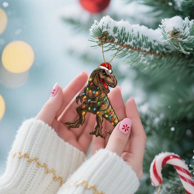 2 Side Printed Flat Christmas Wooden Ornaments, Animal Keepsake Hanging Tree Decoration, Santa Dinosaur Ornament