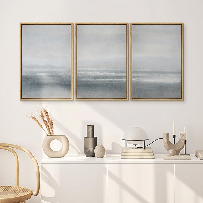 SIGNWIN Framed Canvas Print Wall Art Set Serenity Seascape Soft Blue Ocean Views Modern Art Decorative Rustic Calm/Zen for Living Room, Bedroom, Office - 24"x36"x3 Natural