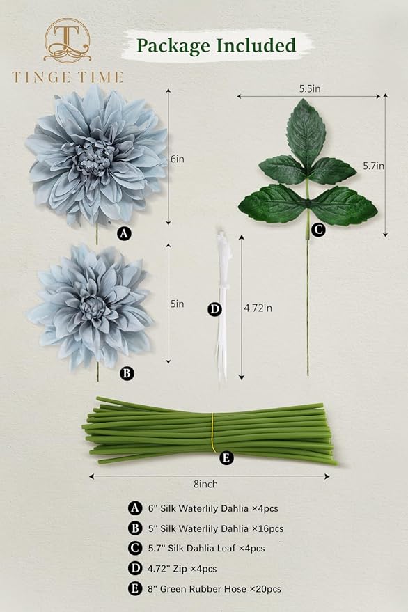 TINGE TIME Artificial Flowers 20pcs Silk Dahlia 5"/6" Fake Flowers for DIY Wedding Bridal Bouquets Centerpieces Arrangements Party Baby Shower Home Decorations (Dusty Blue)