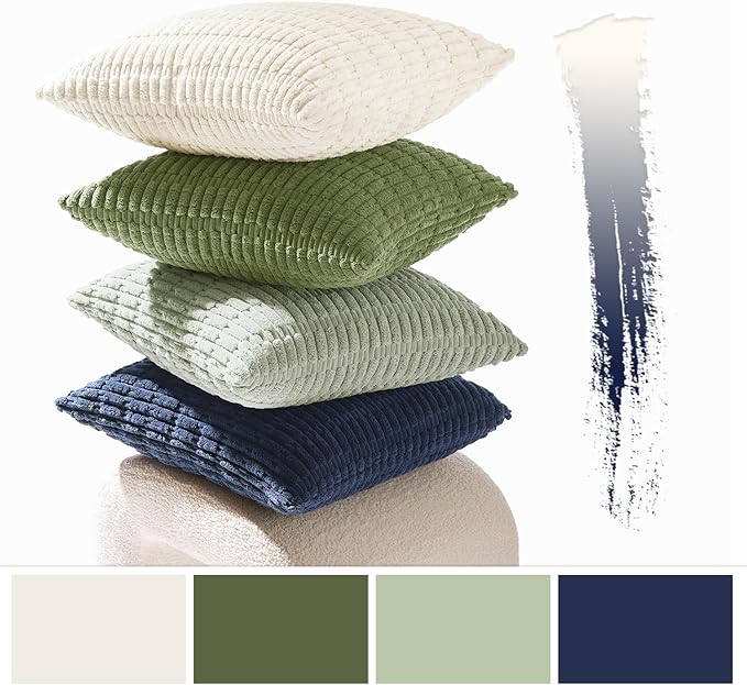 MIULEE Soft Corduroy Throw Pillow Covers Set of 4 Green Blue 18x18 Inch Modern Farmhouse Boho Decorative Accent Cushion Covers for Couch Sofa Bedroom