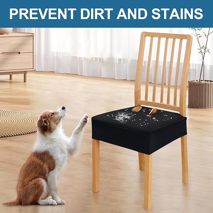 Smiry Waterproof Seat Covers for Dining Room Chairs Set of 4, Stretch Jacquard Removable Washable Chair Seat Slipcovers Protector, No Rear Covers, Black