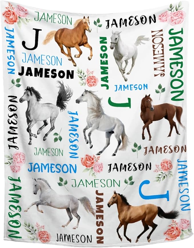 Custom Personalized Name Blanket with Floral, Ultra Soft, King Size for Horse Lovers