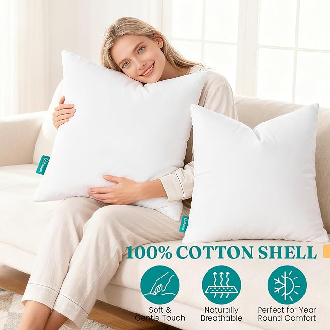 Oubonun 26x26 Feather Down Alternative Throw Pillow Inserts, 100% Cotton Cover, Medium Firm Decorative Pillow Inserts for Couch, Sofa, Bed, Chair (Set of 2)
