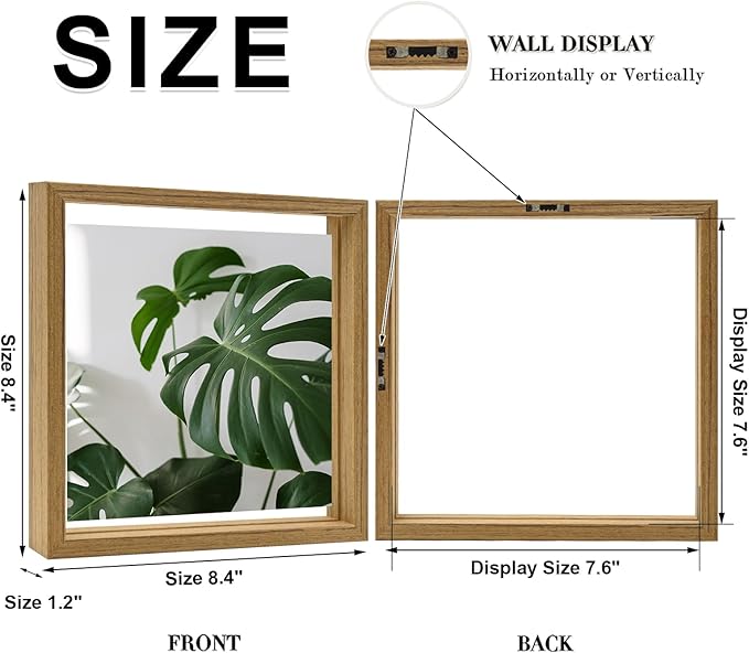 Egofine 8x8 Floating Frames Set of 2, Double Plexiglass Picture Frame, Made of Solid Wood Display Any Size Photo up to 8x8, Wall Mount or Tabletop Standing, Carbonized