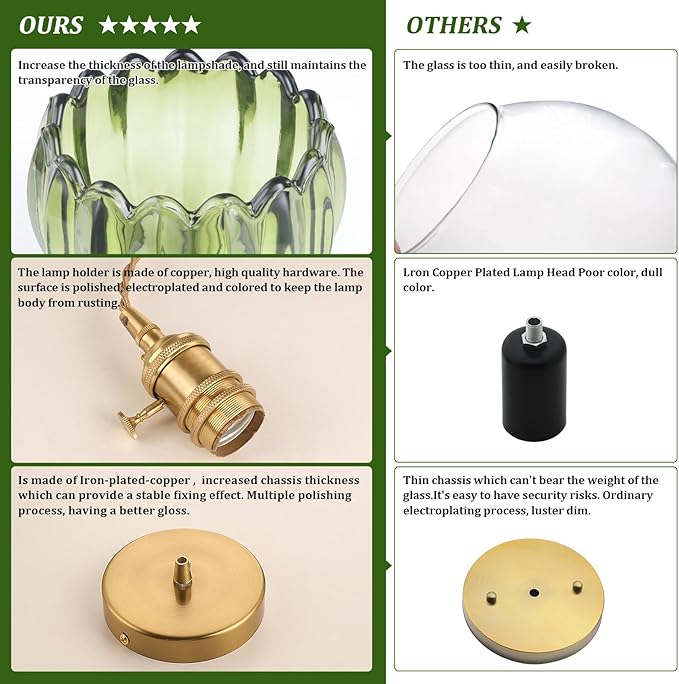 Pendant Light 2 Pack with Green Tulip Glass Lmapshade, Brass Vintage Pendant Light Adjustable Hanging Light for Kitchen Island Dining Room Hallway