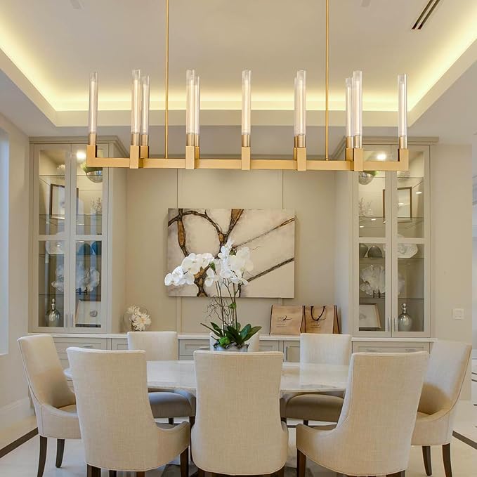 Farmhouse Chandelier with Glass Tube, Gold 12-Lights Modern Chandeliers Over Table 54''Rectangular Luxurious Large Ceiling Pendant Lighting Fixture for Dining Living Room, Foyer
