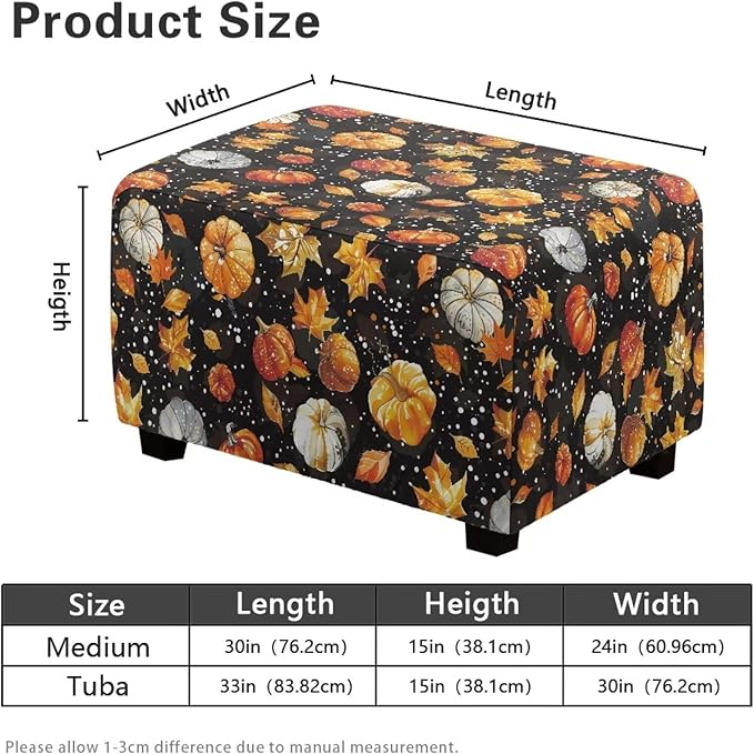 Fall Maple Leaves Pumpkin Rectangle Ottoman Cover Machine Washable Stretchable Slipcover with Elastic Edge for Rectangular Footstools, Thanksgiving Decor 30" L x 24" W x 15" H