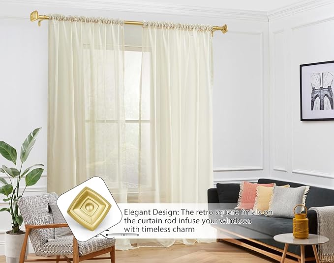 Adjustable Curtains Rods for Windows 48 to 84 Inch, USFOOK 7/8 Inch Splicing Single Curtain Pole Set, Decorative Drapery Rods 32 to 86 Inch for Home, Gold Square Finials