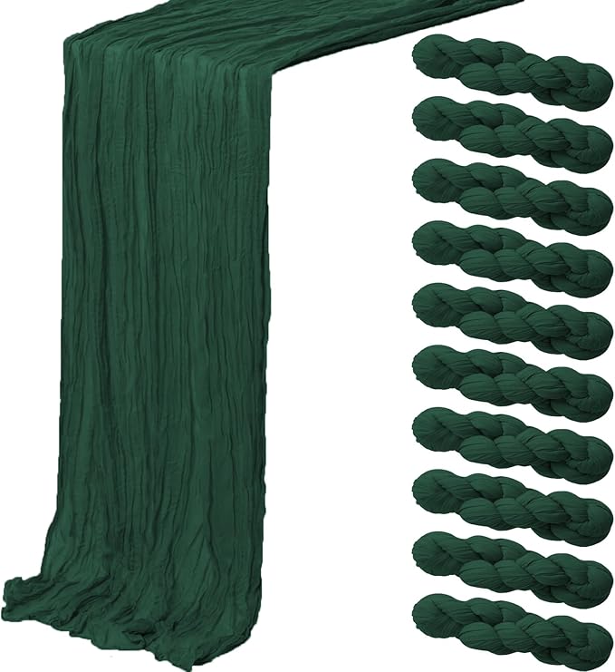 10Pack Emerald Green Cheesecloth Table Runner,10FT/120 Inch Boho Gauze Fabric Table Runner,Rustic Sheer Dark Green Cheese Cloth Runner Bulk for Wedding,Bridal Baby Shower,Christmas Party,Table Decor