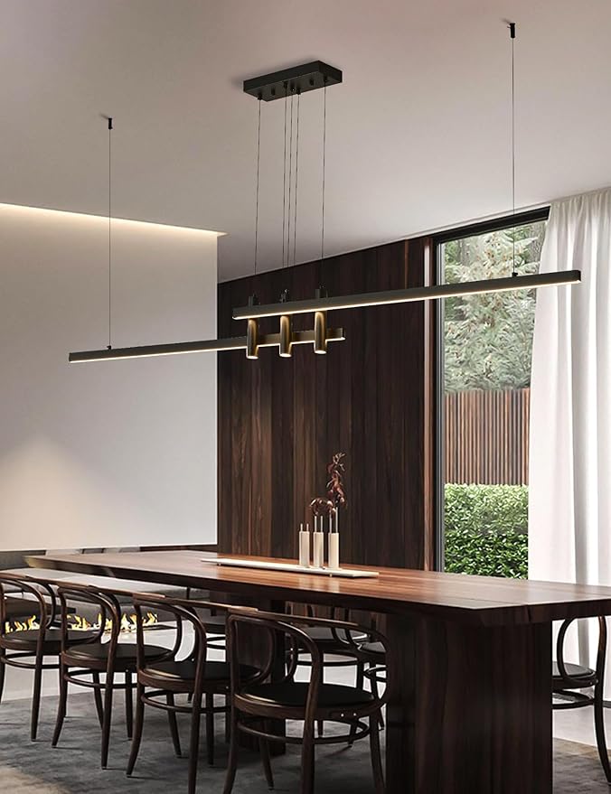 83" Modern Black Linear Pendant Lights Kitchen Island Lighting Minimalist Led Chandeliers Pool Table Light Dimmable Ceiling Hanging Light Fixture Dining Room with Remote Control