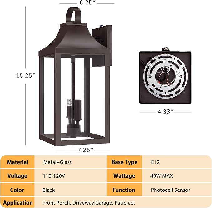 15" Dusk to Dawn Outdoor Wall Lantern 2-Light, Outside Modern Wall Sconce Light Fixture, Industrial Porch Light Wall Mount with E12 Sockets, Waterproof Exterior Lamp Lighting, Brown