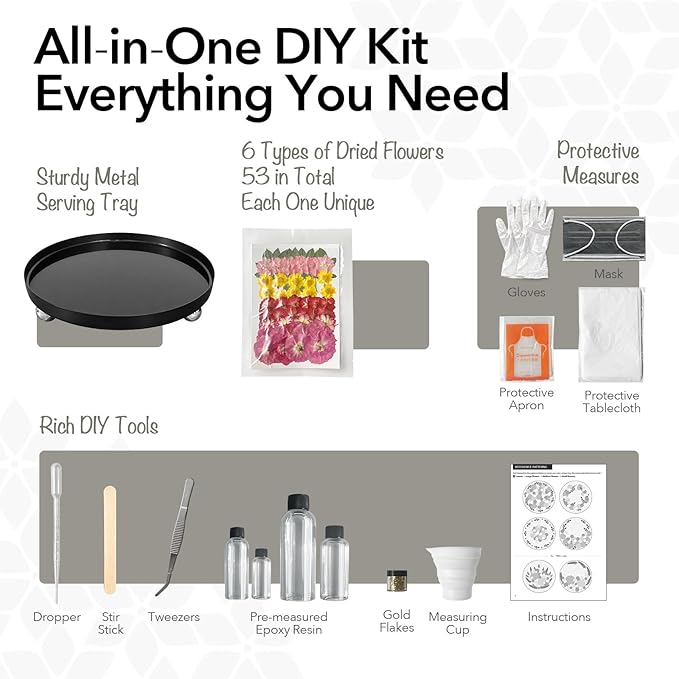 DIY Decorative Tray Craft Kit for Adult - Create Your Own Real Flower Tray with Epoxy Resin, Metal Tray for Vanity, Perfume, Key, Trinket Organizer, Table Decor (Beige, Basic)