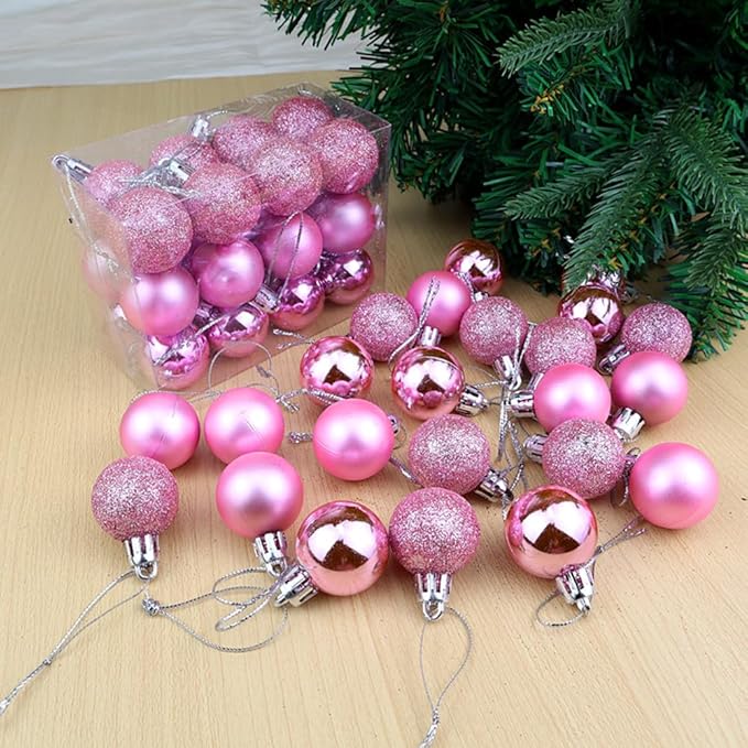 ALIMITOPIA 24pcs Christmas Ball Baubles 1.2 inches Shatterproof Plastic Hanging Balls Pendant for Xmas Tree Decoration (Tiny Size;Pink)