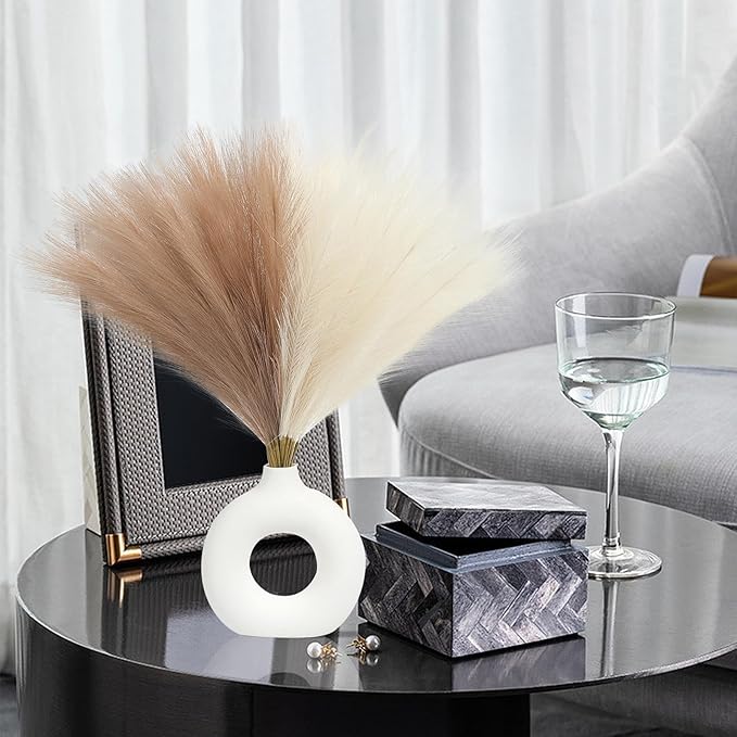 Faux Pampas Grass Decor 17.7 Inch 30pcs, Artificial Pampas Grass Fluffy Home Decor, Short Vase Room Decor pompous Grass Flower Arrangement for Boho Home Wedding Decoration (Light Brown,Beige)