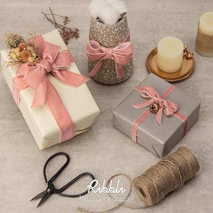 Ribbli Rose Gold Velvet Ribbon 5/8 Inches Continuous 25 Yard Spool Dusty Pink Christmas Ribbon for Gift Wrapping Crafts Home Decor