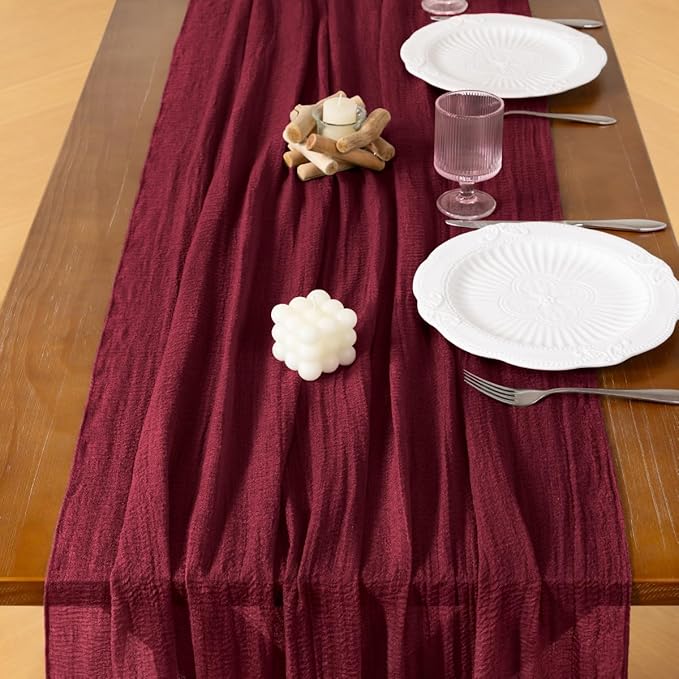 Socomi 3pcs Burgundy Gauze Cheesecloth Table Runner 120 Inch Rustic Boho Cheese Cloth Runner for Wedding Party Baby Bridal Shower Centerpiece Decoration Holiday Home Decorations