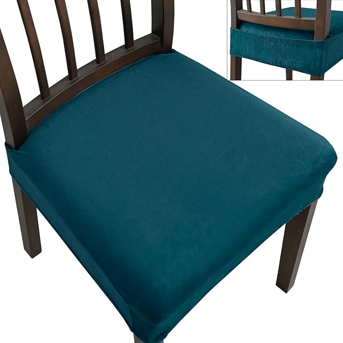 Dining Chair Seat Covers Set of 4, Stretch Velvet Chair Seat Slipcovers Protector, Removable Washable Kitchen Chair Covers for Dining Room Chairs (Set of 4, Teal)