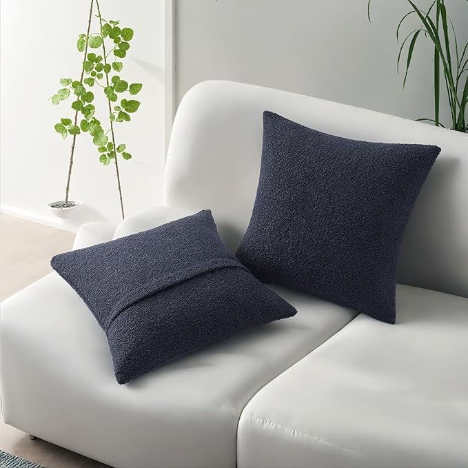 HAUSSY Set of 2 16x16 Decorative Throw Pillow Covers, Soft Cozy Textured Boucle Couch Cases, Home Decor for Couch Bed Living Room, Navy Blue