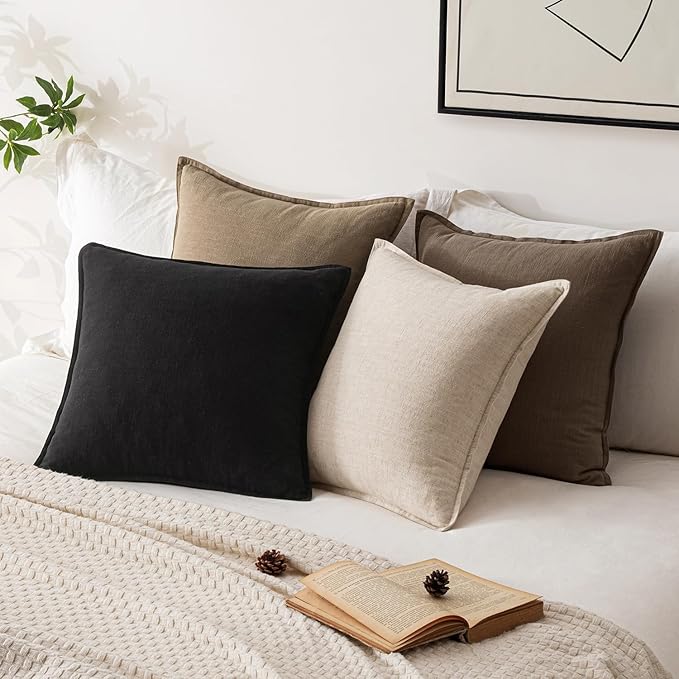 Woaboy 24x24 Inch Euro Sham Set of 2 Decorative Linen Solid Throw Pillow Covers Boho Accent Farmhouse Couch Pillowcases Modern Netural Home Decor for Bed Couch Sofa Living Room,Black
