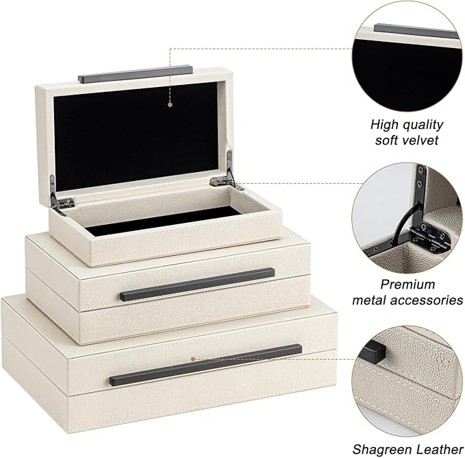 Set of 3 Beige Shagreen Decorative Storage Boxes with Black Metal Handles –Faux Leather Large Modern Stackable Nesting Jewelry Box with Lids Organizer