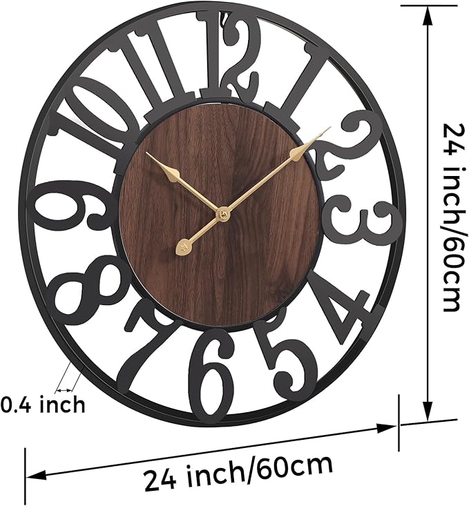 Vantic 24 Inch Large Wall Clock, Arabic Numeral Wood Oversized Wall Clocks for Living Room Decor, Farmhouse, Bedroom and Kitchen, Completely Silent, Non Ticking, Battery Operated