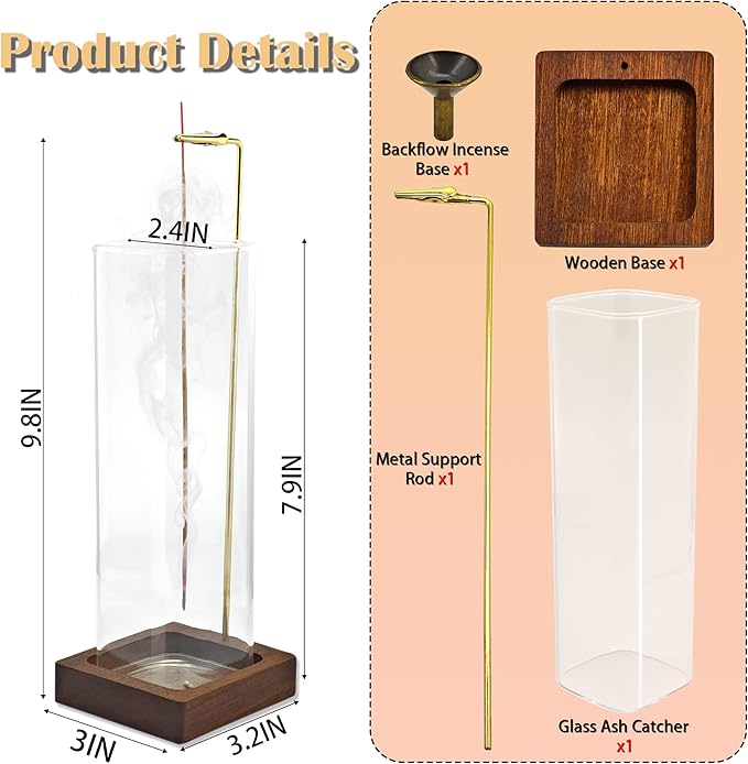 1 Pack HZCPENG Incense Holder, 2 in 1 Incense Burner for Sticks or Backflow Incense, Anti-ash Square Incence-Stick Holder with Wooden Base for Meditation, Yoga, Relaxation, and Home Décor