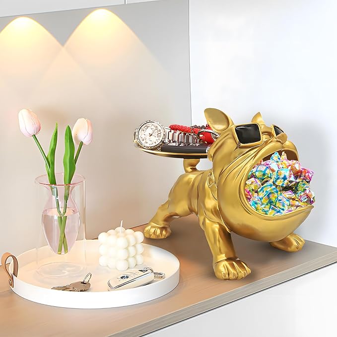 Resin French Bulldog Tray Statue, Bulldog Candy Dish Key Holder Bowl, French Bulldog Accessories, Statues for Office Desk Home Decor Figurines Entryway Table Decor (Gold)