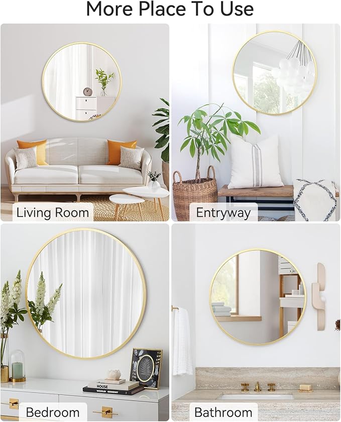 Gold Circle Mirror for Wall 32 Inch, Round Mirror, HD Eco-Friendly Round Bathroom Mirror for Over Sink, Big Matte Gold Metal Framed Mirror for Wall, Vanity, Entryway, Hallway, Easy to Install