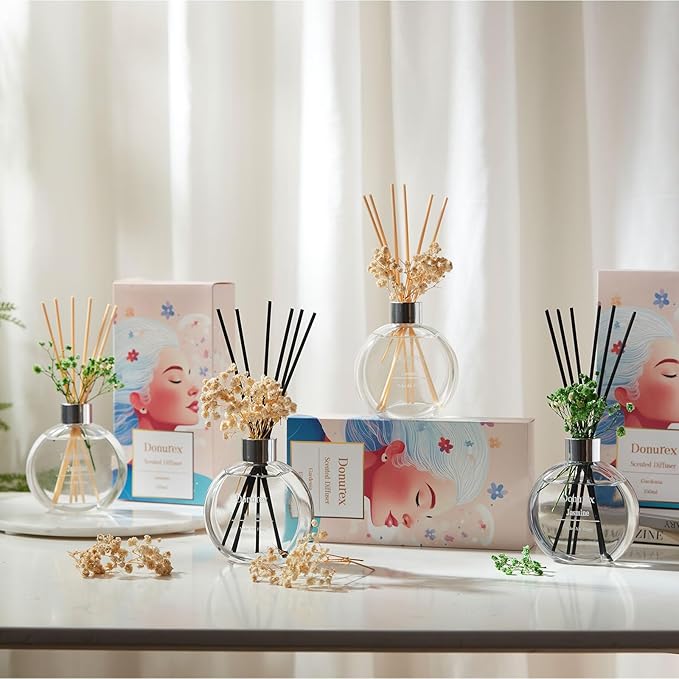 Flower Reed Diffuser Set 5.07oz Gardenia Scent Diffuser with Sticks Home Fragrance Reed Diffuser for Bathroom Shelf Decor