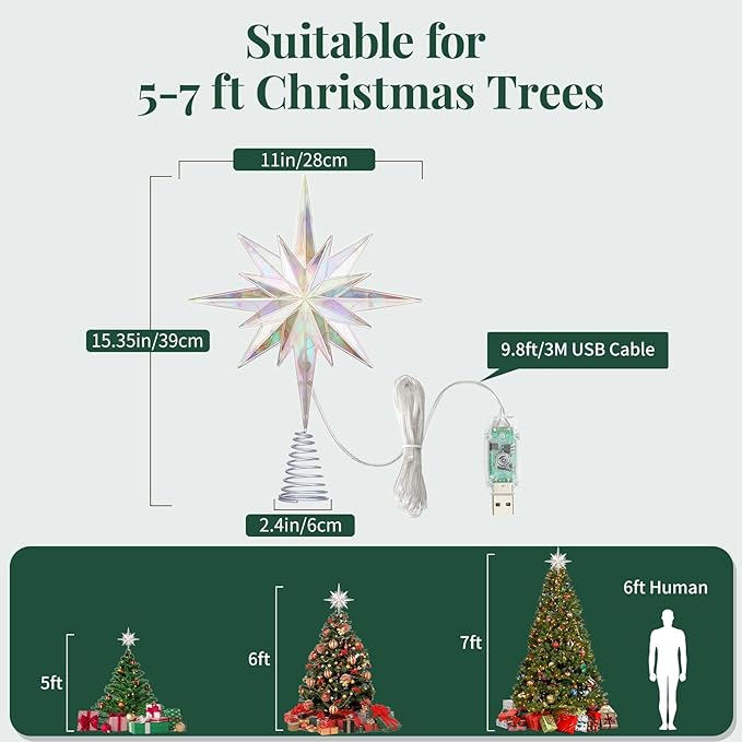 Lewondr Christmas Star Tree Topper, 15.35'' Christmas Tree Topper with 20 LED Bulbs, Remote and USB Operated Bethlehem Polaris Treetop for Home Decor, 6 Hrs Timer and 8 Modes Xmas Decor, Colored Light