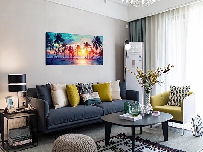 DZL Art S75562 Canvas Wall Art Palm Trees Silhouettes On Tropical Beach At Sunset Beach Seascape Painting Nature Pictures for Living Room Home Office Wall Decor Artwork