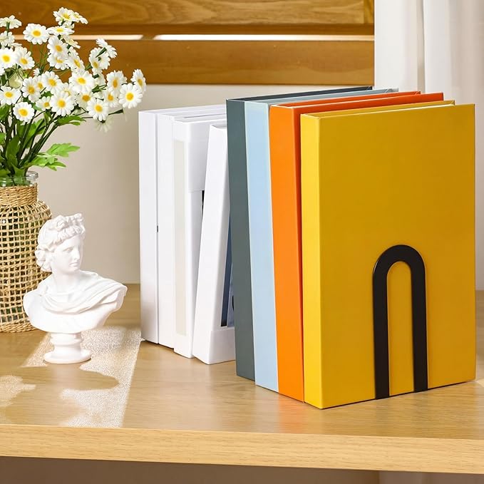 Chunful 12 Pcs Modern Metal Book Ends for Shelves Decorative Small Bookends Book Shelf Organizer Minimalist Design Stopper to Hold Books for Home Office (5.5 * 3.75 * 2.25inch,Black)