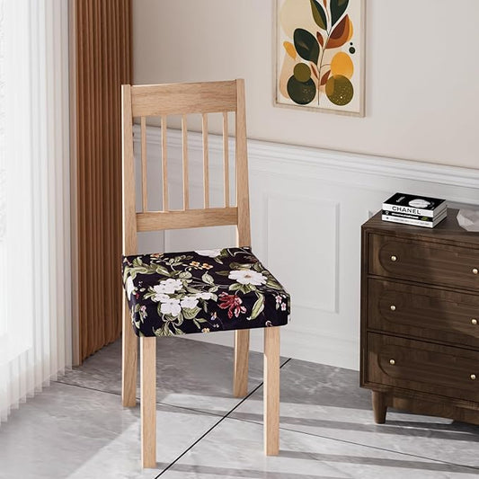 Stretch Dining Chair Seat Covers Set of 6,Dining Chair Slipcovers, Floral Printed Chair Covers,Soft Fabric Washable Upholstered Chair Seat Protector, No Rear Covers for Home Kitchen Dining Room