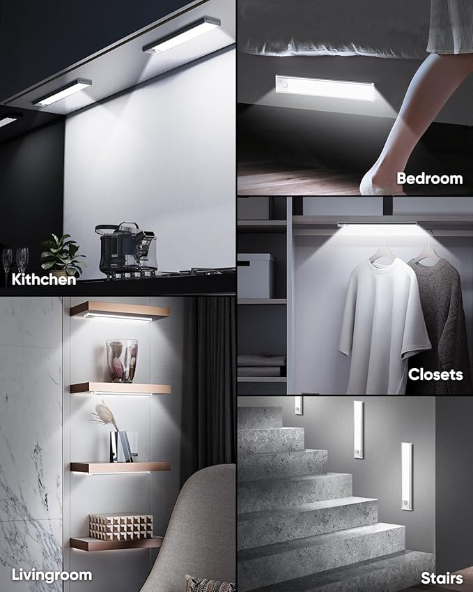 Under Cabinet Lights, LED Battery Operated Rechargeable Motion Sensor Lights Indoor, 6500K Magnetic Dimmable Closet Lights, 1500mAh Wireless Under Counter Night Lights for Kitchen, Stair, 3 Packs