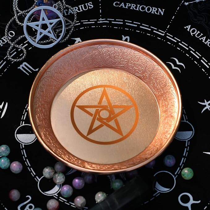 Copper Offering Prayer Ritual Bowl - Carving Pentagram Brass Decorative Plate Great for use Witches,Smudging, Incense Burner Holder,Candle Dish, Ash Catcher,Jewelry Dish,Keys Basket