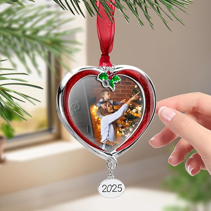 Christmas Tree Ornament Picture Frame Metal Hanging Pendant Holiday 2.5" Photo Frame Charm Decorative of Pets, Baby First Christmas, Family (2025 Red)