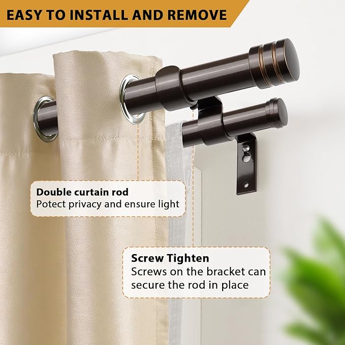 TONIAL1 Inch Double Curtain Rods for Windows 48 to 84 Inches, Heavy Duty Decorative Drapery Rod 32 to 86 Inches with Classic Cap Finial, Bronze