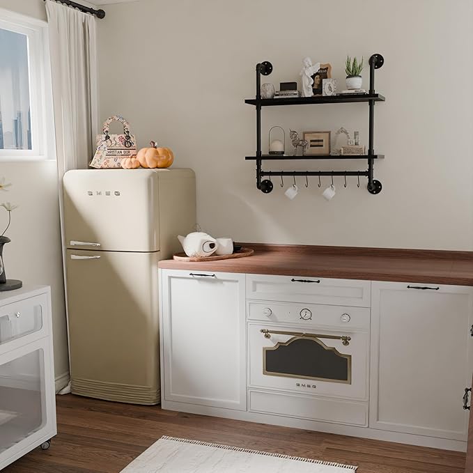 ROGMARS Industrial Pipe Shelving Pine Wood Floating Shelves for Wall, 30 inch Kitchen Wall Mounted Shelves Bathroom Shelves with Towel Bar Coffee Bar Shelf with Hooks for Living Room Bedroom